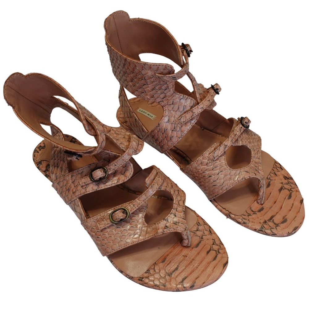 Leon Max Sandals Womens 8M Pink Villa Snakeskin‎ Gladiator Buckle Thong Flat